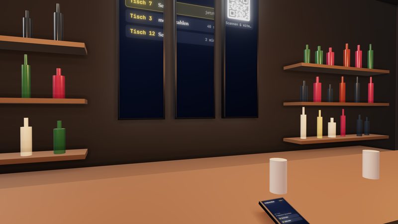 Gast an der Bar bedient Karte und Abstimmung über sein Handy, der Bildschirm reagiert