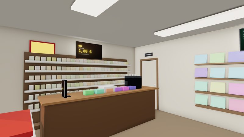 Digitale Preistafel über dem Tresen eines Kiosks am Abend