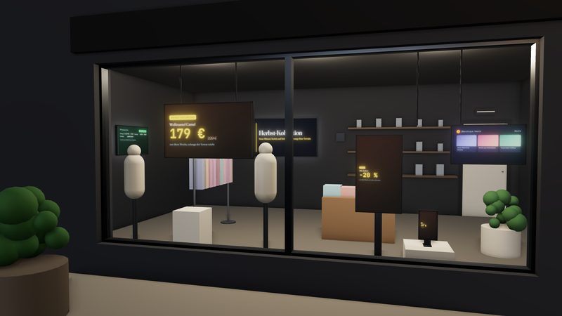 Digitales Schaufenster-Display eines modernen Ladens bei Nacht
