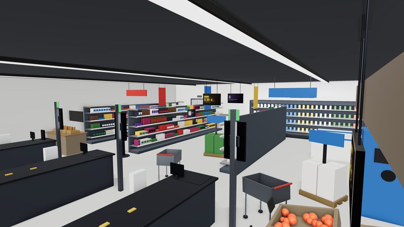 Discounter im Überblick: Kassenzone mit Displays an den Masten, Gang mit Hängern und Kühlregal