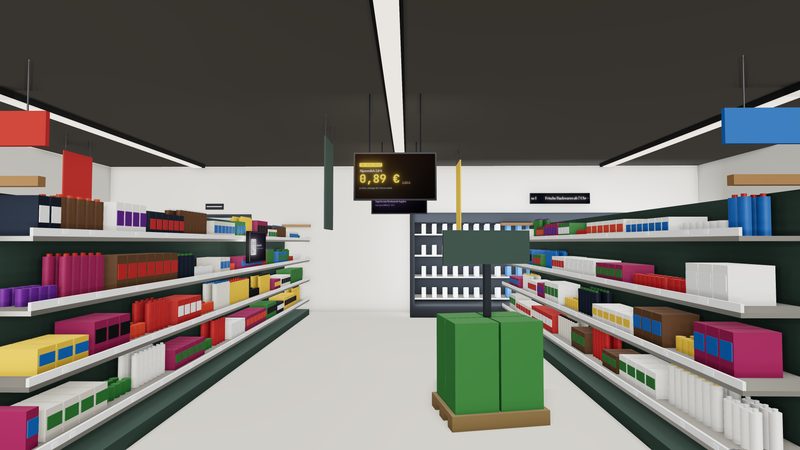 Digitale Angebots-Displays im Supermarkt über dem Gang und an der Kasse